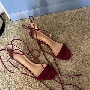 Allegra K tie up kitten heel burgundy velvet